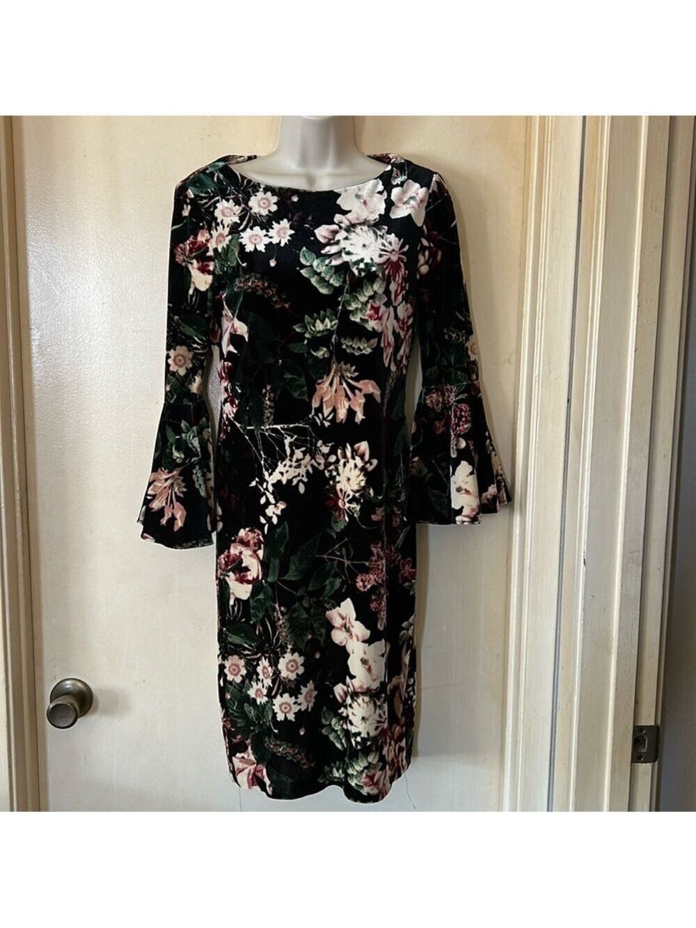 Calvin Klein Velvet Floral Bell Sleeve Dress size M